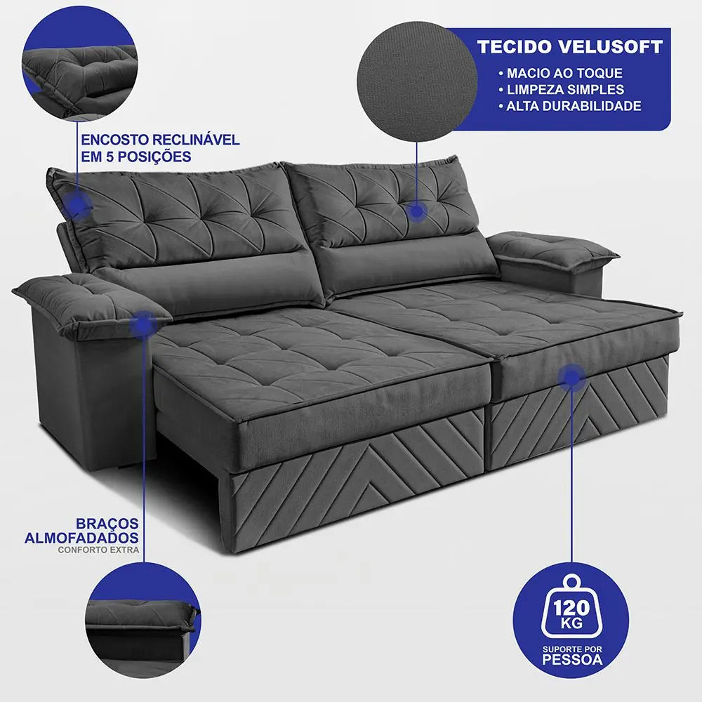 Sofá Retrátil 2,10m Molas E Espuma D33 Thunder Cor Cinza. Cama Inbox - Image 2