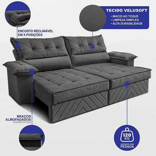 Imagem 2 de 7 de Sofá Retrátil 2,10m Molas E Espuma D33 Thunder Cor Cinza. Cama Inbox