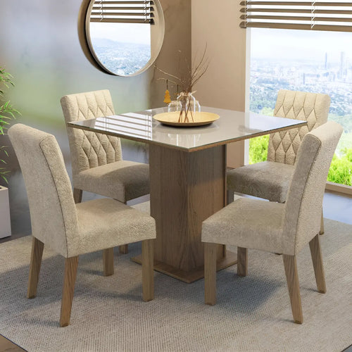 Imagem 1 de 10 de Sala Jantar Estofada Mesa Tampo Vidro 4 Cadeiras Madesa Anaju Rci Cor Rustic/Crema/Imperial MDJA0401387GSIM