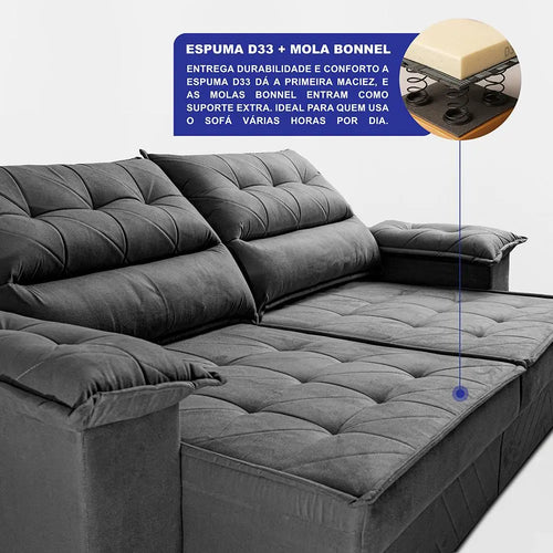 Imagem 4 de 7 de Sofá Retrátil 2,10m Molas E Espuma D33 Thunder Cor Cinza. Cama Inbox