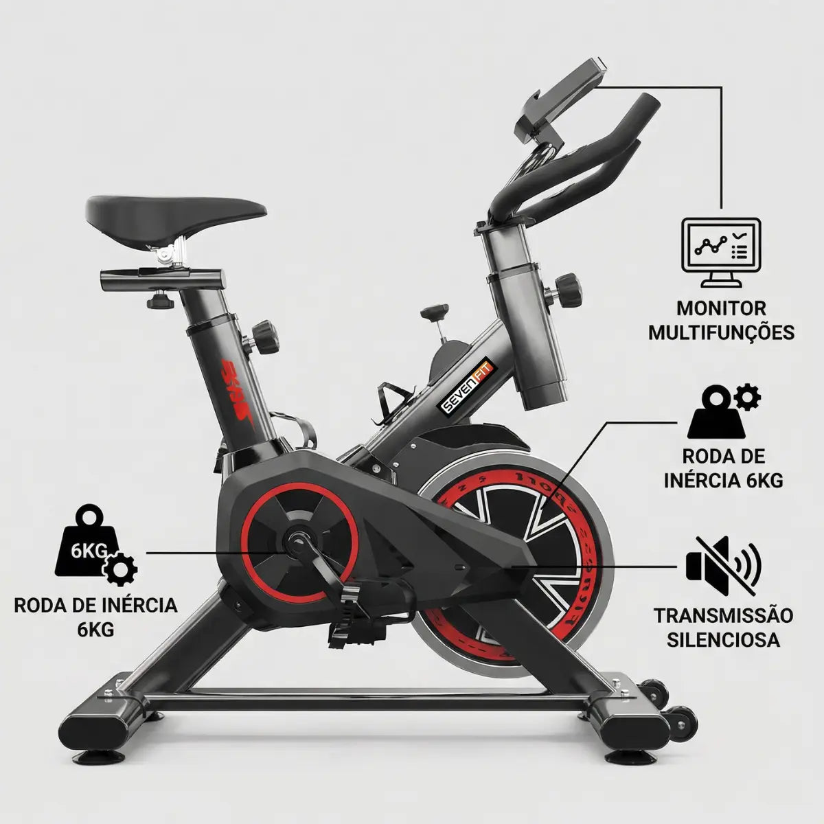Bicicleta Ergométrica Fitness Para Cardio E Musculação Com Base Cor Preto E Vermelho 6kg Inercia Marca Sevenfit - Image 4
