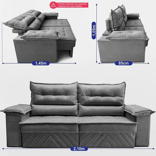 Imagem 3 de 7 de Sofá Retrátil 2,10m Molas E Espuma D33 Thunder Cor Cinza. Cama Inbox