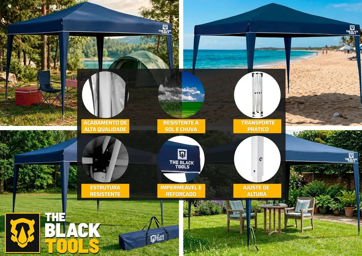 Tenda Gazebo Sanfonada Articulada The Black Tools 3x3m Azul Impermeável Resistente Proteção Ao Ar Livre Camping Praia - Image 4
