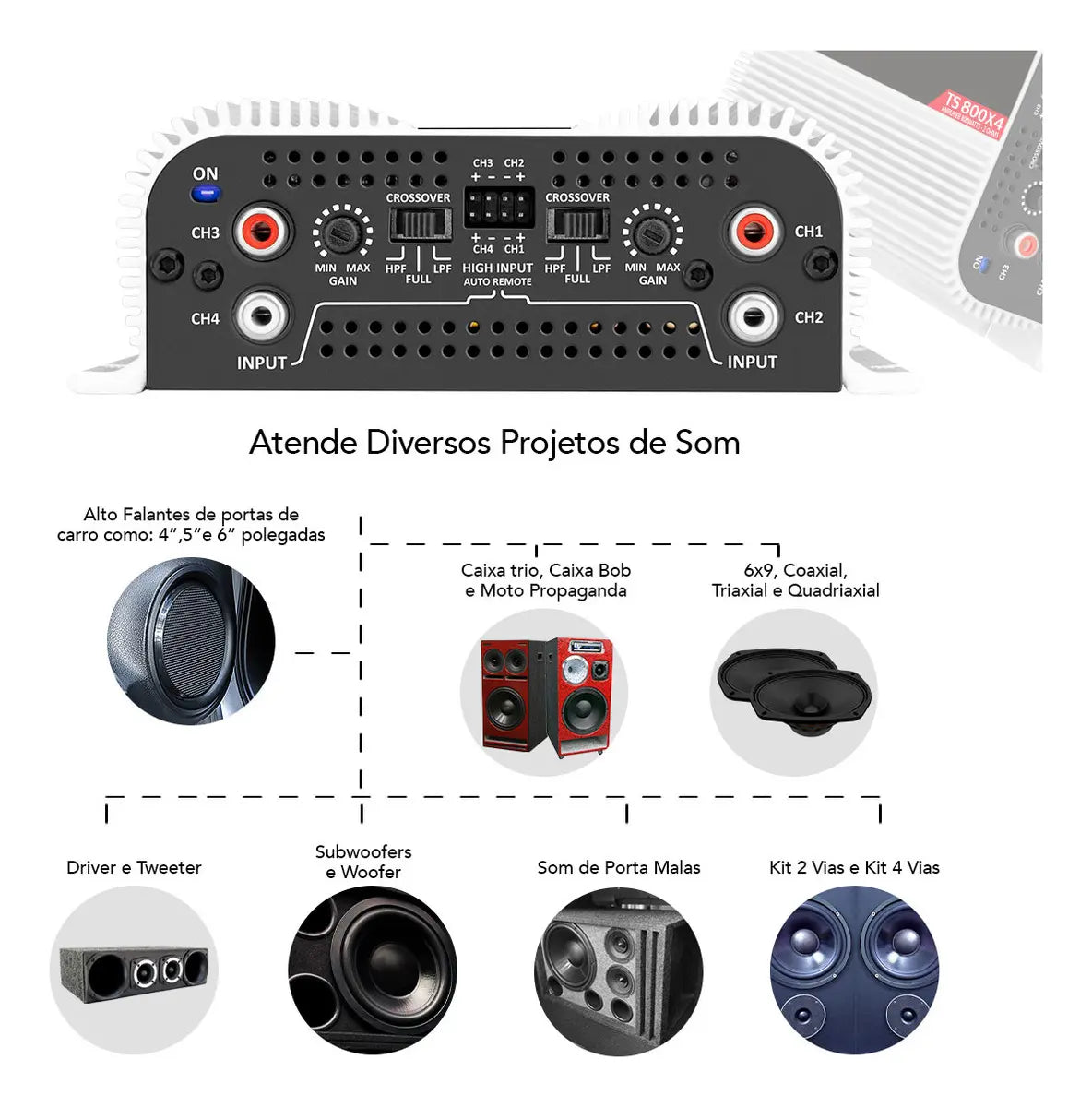 Modulo Taramps Ts800x4 2 Ohms 800W Potencia Rms Amplificador Som Automotivo Entrada Rca E Fio Crossover LPF FULL HPF Subwoofer Kit Duas Vias Drivers T800 4 Canais Carro Camionete Conexao Bridge Branco - Image 7